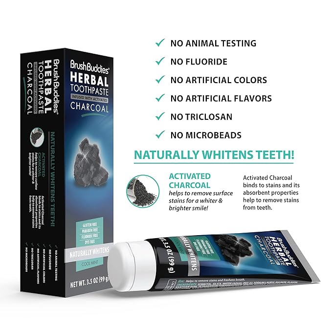 Brush Buddies Herbal Toothpaste with Activated Charcoal, Whitening Toothpaste, Charcoal Toothpaste for Whitening Teeth - Cool Mint Oral