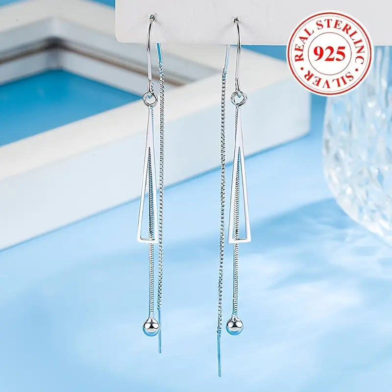 Sterling Silver Triangle Earrings - Hypoallergenic & Fashion-Forward - Dangle Elegance for Trendy Women - Hollow Design with Timeless Luxury Style