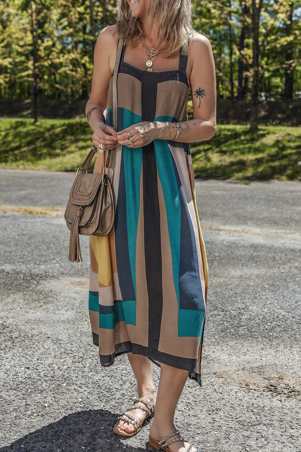 Brown Retro Geometric Print Y Back Sleeveless Dress