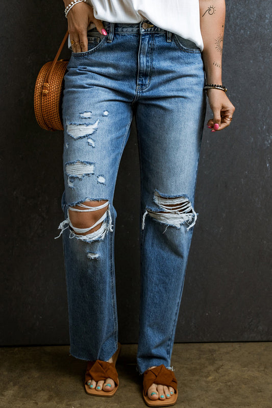 Light Blue Acid Wash Distressed Straight Leg Jeans