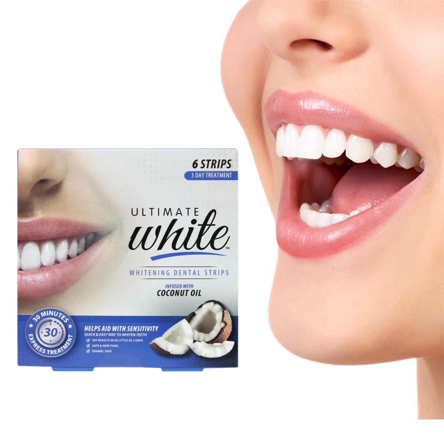 ULTIMATE WHITE WHITENING DENTAL STRIPS INFUSED WHITE COCONUT OIL Oral Tooth Whitening Gentle / Ultimate White Infused with Coconut Oil