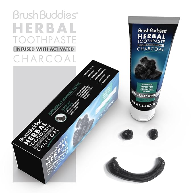 Brush Buddies Herbal Toothpaste with Activated Charcoal, Whitening Toothpaste, Charcoal Toothpaste for Whitening Teeth - Cool Mint Oral