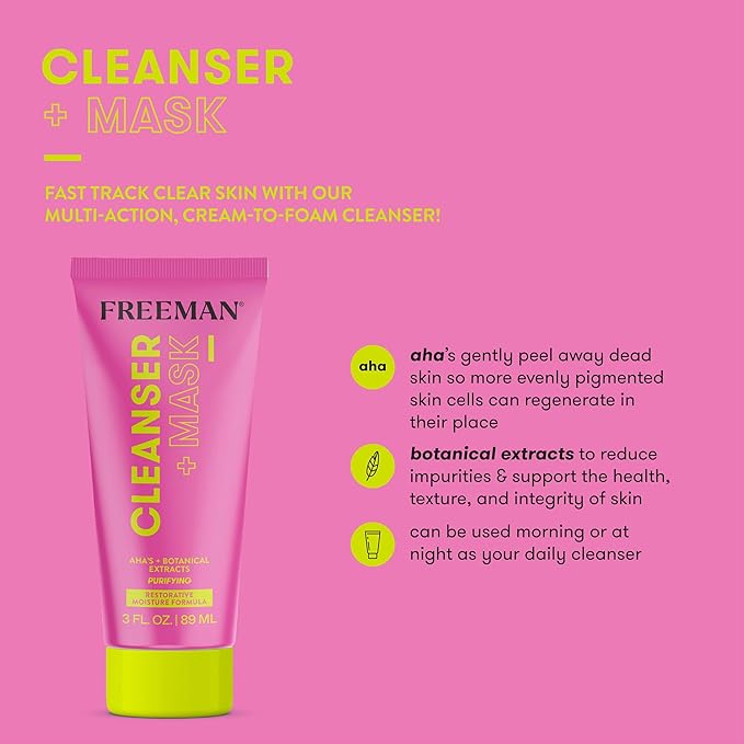 Freeman Cleanser + Mask, Moisturizing & Purifying Cream-To-Foam Face Wash, Multipurpose Skincare, Face Cleanser & Face Mask, AHA's & Botanical Extracts Facial Mask, 3 fl.oz./ 89 mL Tube, 1 Count