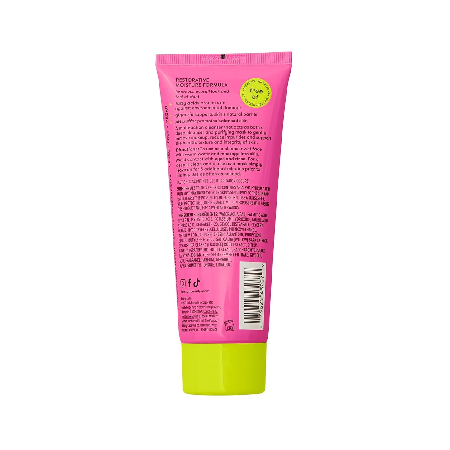 Freeman Cleanser + Mask, Moisturizing & Purifying Cream-To-Foam Face Wash, Multipurpose Skincare, Face Cleanser & Face Mask, AHA's & Botanical Extracts Facial Mask, 3 fl.oz./ 89 mL Tube, 1 Count