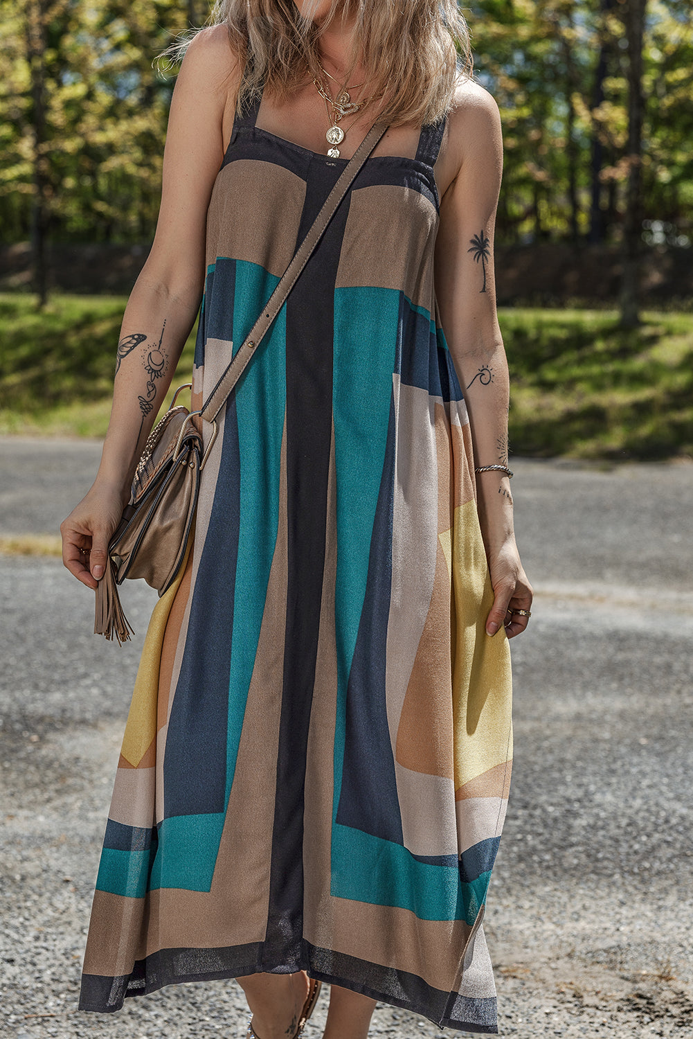 Brown Retro Geometric Print Y Back Sleeveless Dress