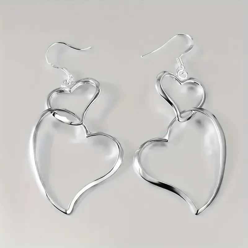 Double-heart Design Hollow Dangle Earrings Retro Voction Style Zinc Alloy